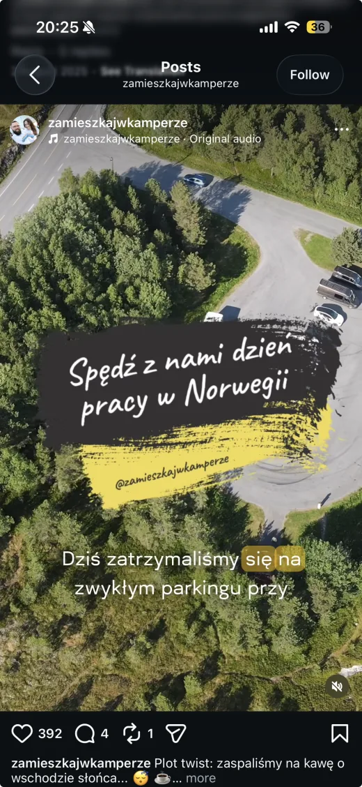 Prawdziwy post Instagram Zamieszkaj w kamperze z Norwegii
